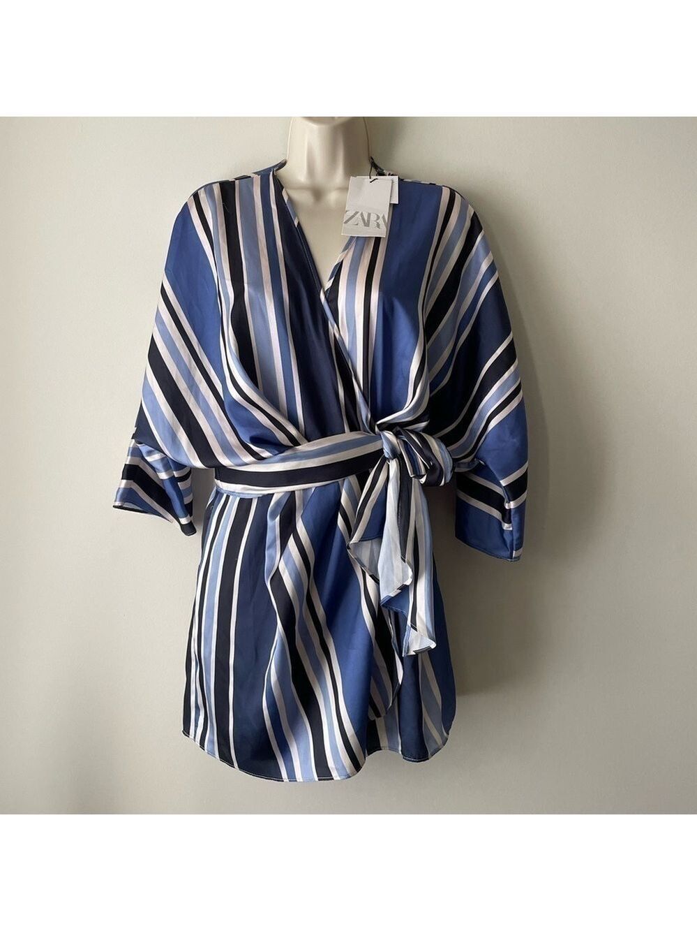 Zara Satin Striped Skort Romper Blue White Wrap V Neck NWT Size Small - Picture 5 of 16
